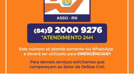 A Prefeitura do Assú informa que a Defesa Civil disponibilizou o número (84) 92000-9276, apenas para WhatsApp